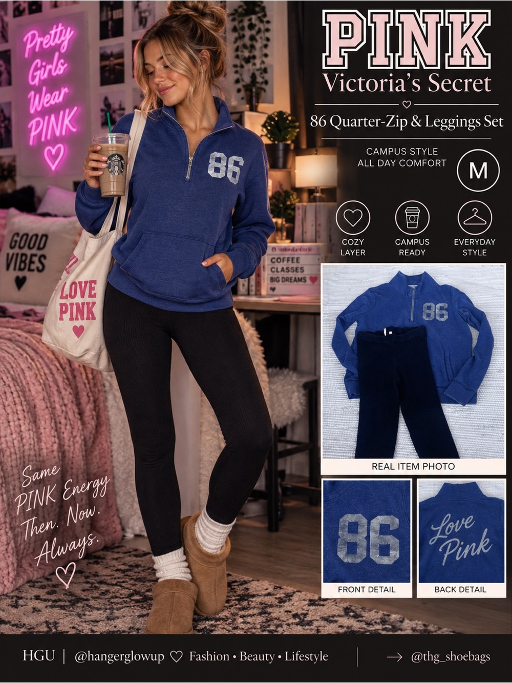 PINK Victoria’s Secret 86 Quarter Zip + Ribbed Leggings Set M